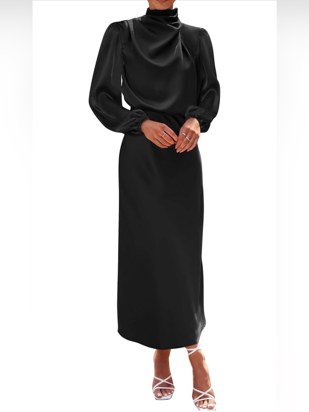 Womens Mock Neck Satin Dress | Long Sleeve Lightweight Formal Wedding Party